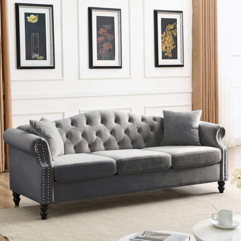 Canapé Chesterfield Meghans, H 32 po x l 79 po x P 30 po, Velours gris velours
