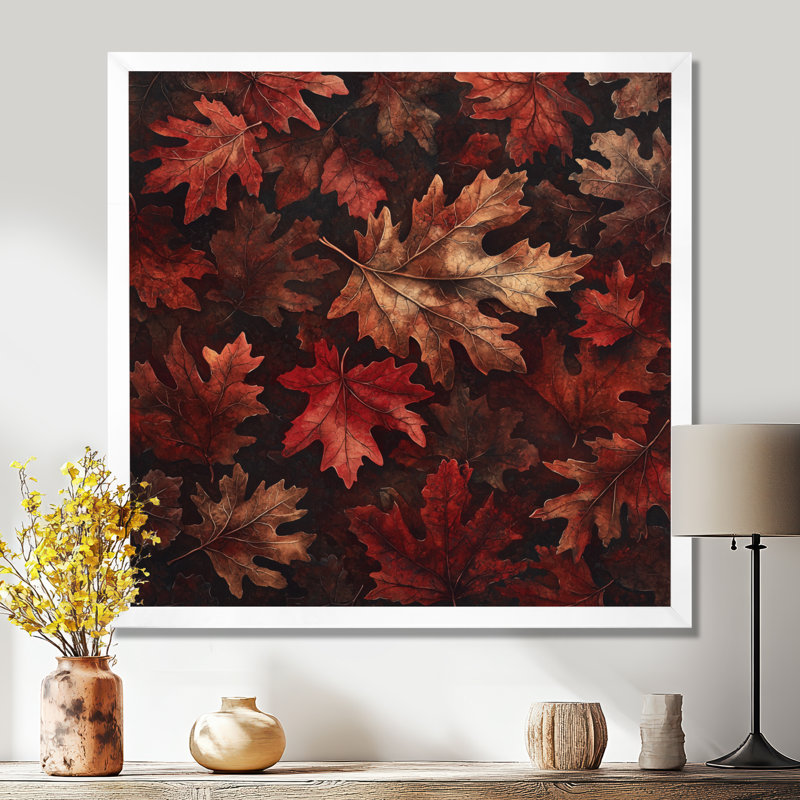 «Red Falling Maple Leaves II», art mural grandes feuilles, Reproduction encadrée d'une seule photo, H 16 po x l 16 po, Blanc
