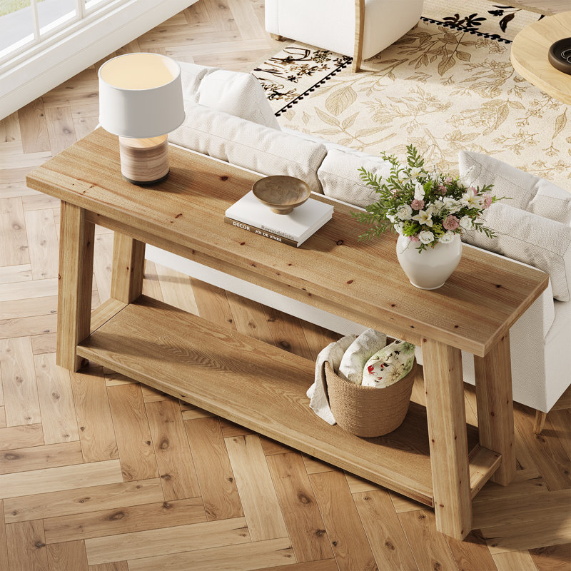 Console de 70,8 po de long en bois massif avec tablette, plateau de table en bois massif d'une seule pièce de 1,97 po d'épaisseur