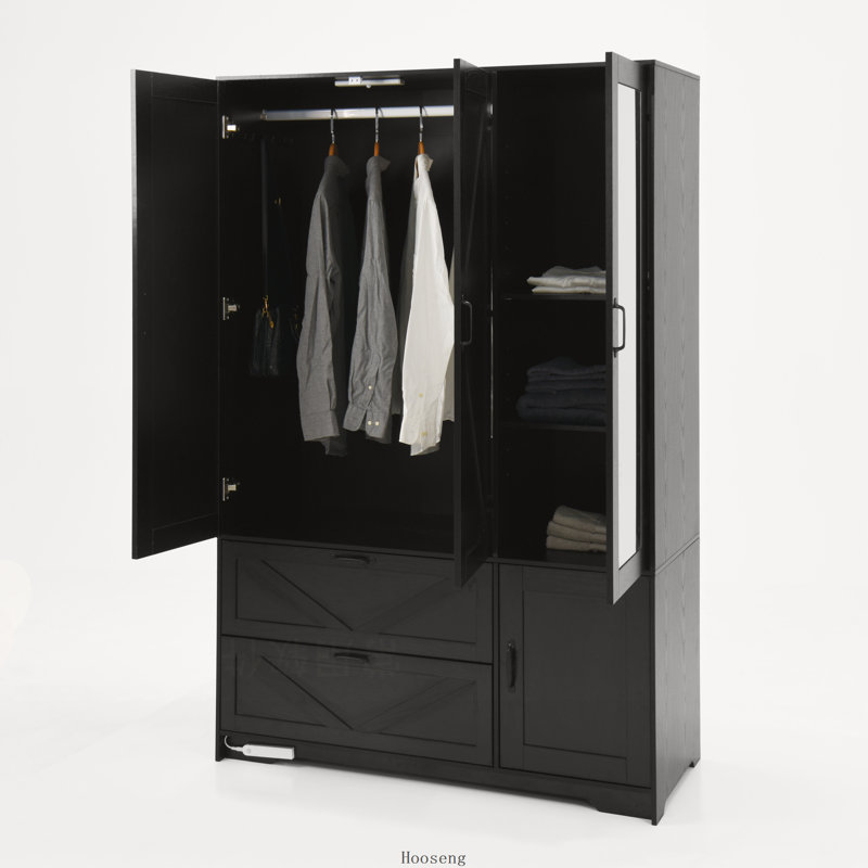Armoire-penderie noire à 4 portes avec miroir, éclairage DEL, 2 tiroirs, tringle et étagères réglables