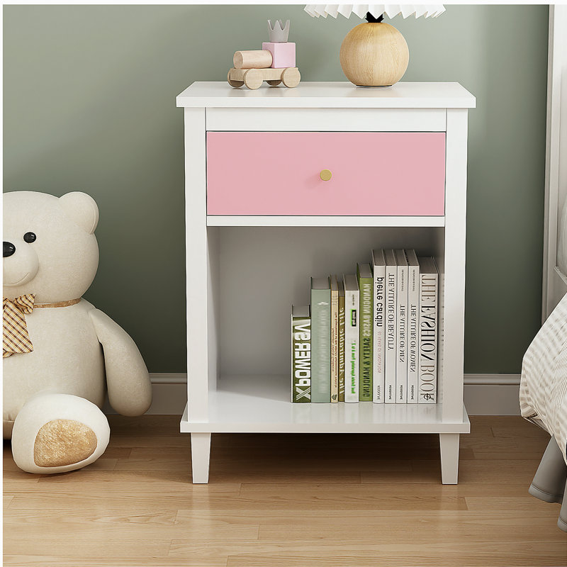 Table de chevet 26,77 po H avec tiroir en bois et tablette pour enfants, adultes, rose, Rose/Blanc