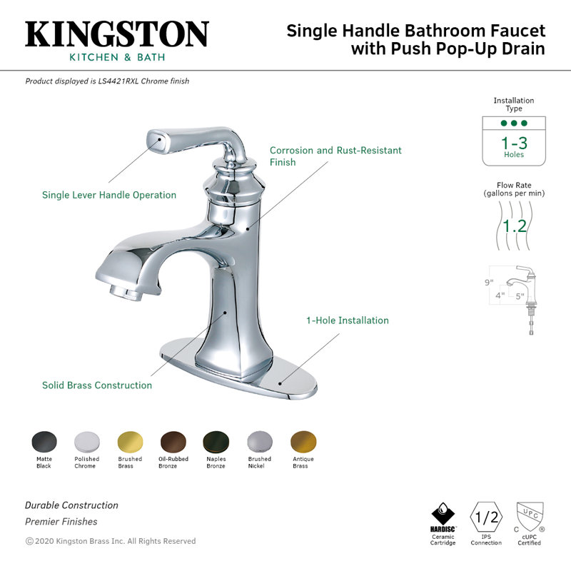 Kingston Brass Restoration Single-Handle 1-Hole Deck Mount Bathroom Faucet with Push Pop-Up, Oil Rubbed Bronze