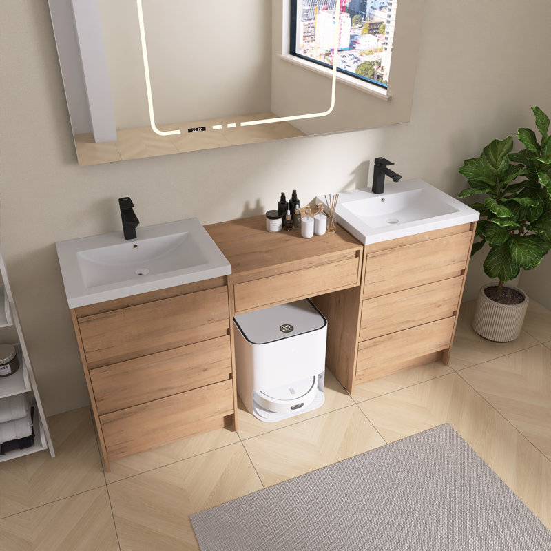Vowar 72" Double Freestanding Bathroom Vanity with Resin Sink,7 Soft-Close Drawers