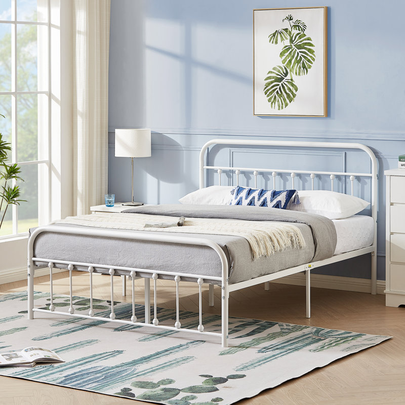 Base de lit grand avec tête de lit et pied de lit Kempst, cadre de lit plateforme en métal classique, sommier avec support à lattes en métal robuste, aucun sommier requis, silencieux