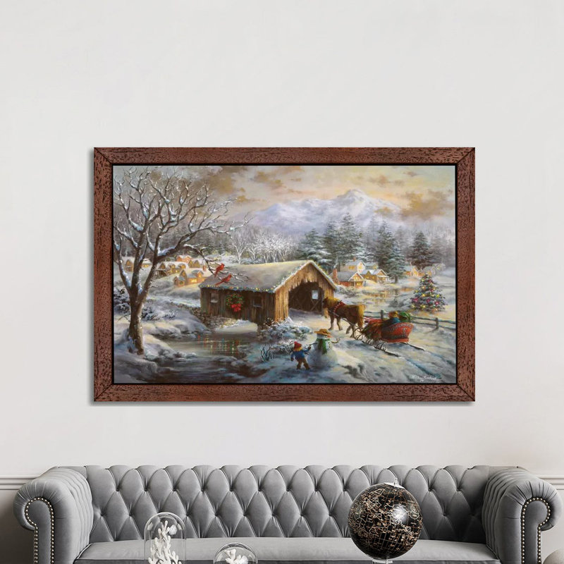 Covered Bridge by Nicky Boehme - Floater Frame Painting on Canvas, 66.04 cm H x 45.72 cm W, Brown