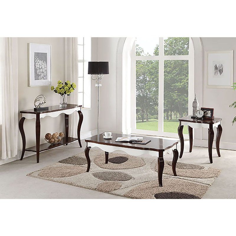 Table avec palette de couleurs noyer et blanche, forme rectangulaire, pieds, plateau fixe, élégant tablier à volutes, base ouverte pour un décor minimaliste, espace de vie principal idéal, style moderne, placage de bouleau de peuplier