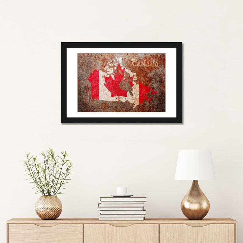 'Canada Flag Map' by Michael Tompsett Graphic Art on Canvas, 16" H x 24" W x 1" D, Black Framed Fine Art Paper, White