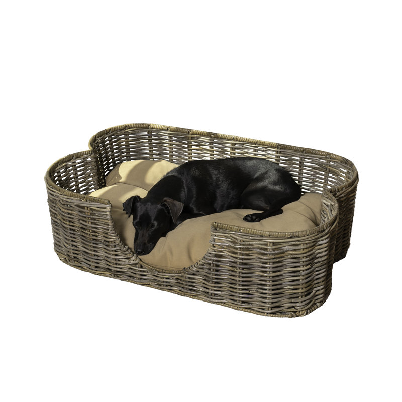 Lit pour chien en rotin tissé à la main avec coussin lavable à la machine Scallop, 9,5 po H x 31 po L x 20 po P, Brown
