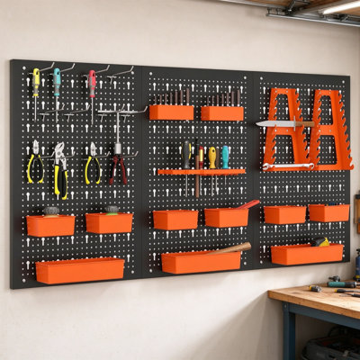 26-Piece Pegboard Organiser Kit, Wall Mounted Metal Tool Rack with 3 Pegboards & Hanging Fittings, Multi-Functional Garage Workshop Warehouse Storage, Black & Orange