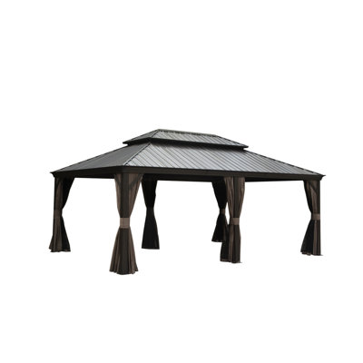 14X20ft Hardtop Gazebo, Permanent Metal Gazebo With Galvanized Steel Double Roof And Aluminum Frame, Curtain And Netting, Large Pavilion Gazebo For Patio Deck Garden