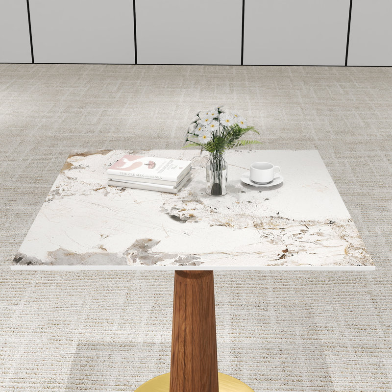 Table de conférence carrée moderne en pierre frittée avec base en bois massif, Beige