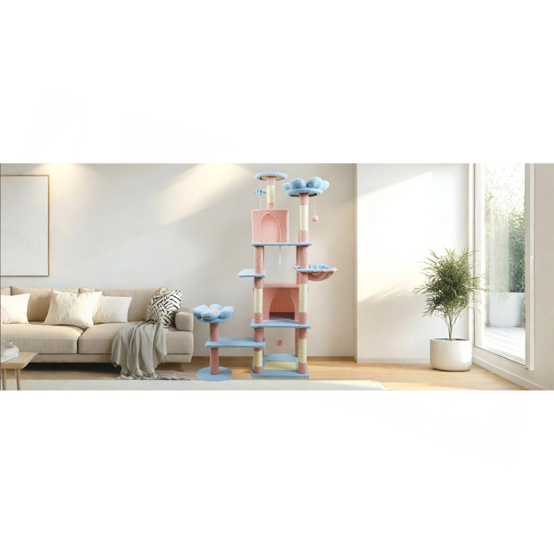 Arbre à chat 71 pouces avec grand coussin de fleurs amovible et hamac bleu, 71" H x  23.6" W x  18.9" D, Blue