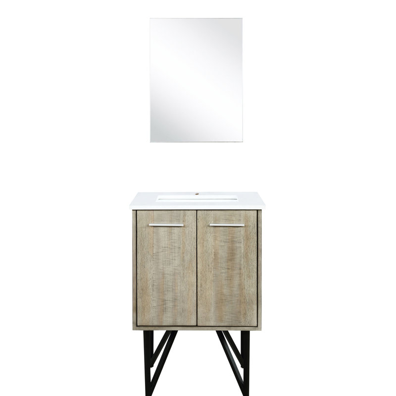Rustique 24 po Meuble-lavabo large pour salle de bain avec surface en quartz blanc, 18 miroirs muraux encadrés, charnières à fermeture en douceur et tablette intérieure avec comptoir de bain, armoire ouverte à fonction rectangulaire