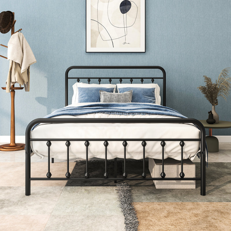 Lit plateforme en métal avec tête de lit rétro - soutien solide, pas de sommier tapissier, structure de rangement à structure complète 20% plus facile d'accès, apparence de chambre soignée