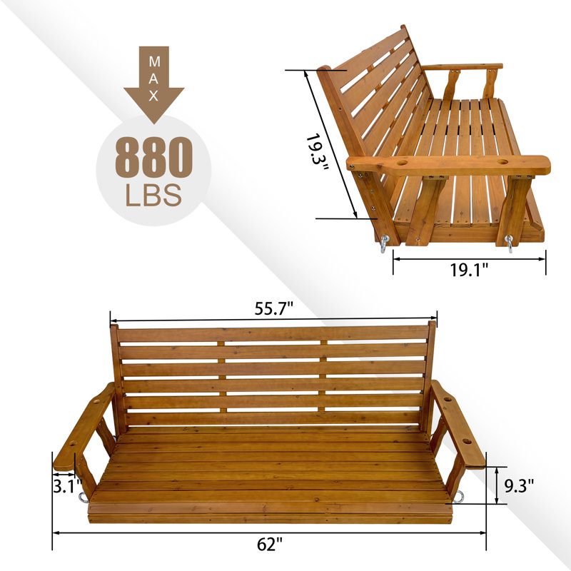 Balancelle en bois, siège ergonomique, balancelle avec chaînes suspendues et ressorts de 7 mm, Brown