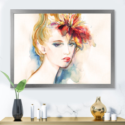 Portrait de femme beige floral I - œuvre d'art sur toile Glam