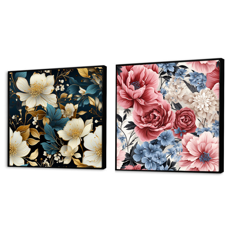 Ensemble de 2 luxueux motifs floraux dorés et roses à motif floral carré, Cadre flottant noir, H 16 po x l 33 po