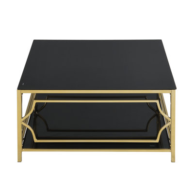 33.5" Square Tempered Glass Coffee Table - Gold Geometric Metal Frame With Lower Storage Shelf