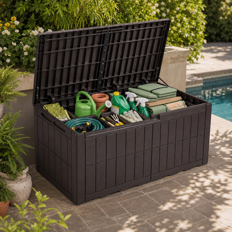 Coffre extérieur pour terrasse avec serrure, Brun, 130