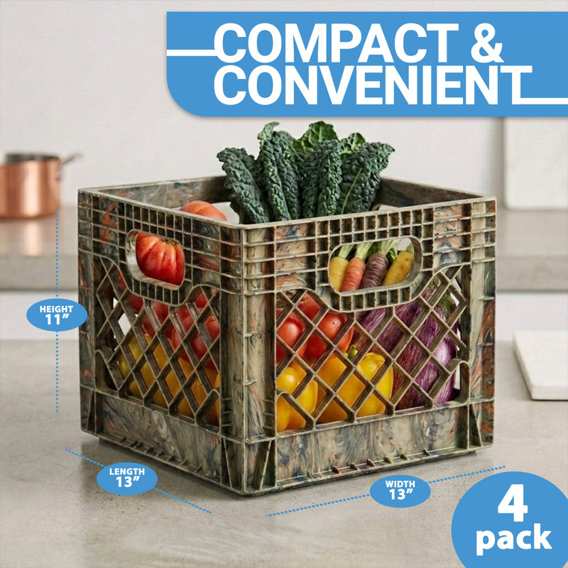 MIRAMAR Milk Crate, Stackable Plastic Storage with Handles, 16 Qt, Camo, 4 Pack