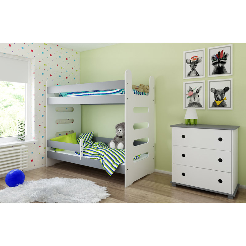 Cannady Bunk Bed with Built-in Ladder Included, White/Grey, European Toddler (80 x 180 cm)