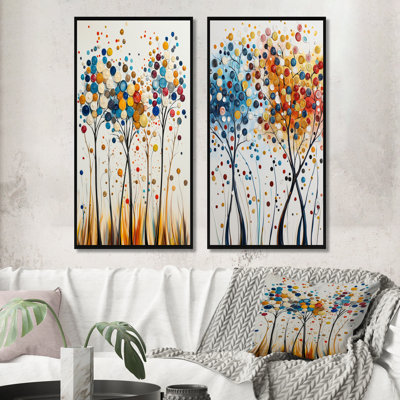 4 Seasons Orange And Blue Tree Reflections I - Abstract Midcentury Wall Art 2 Pieces Set