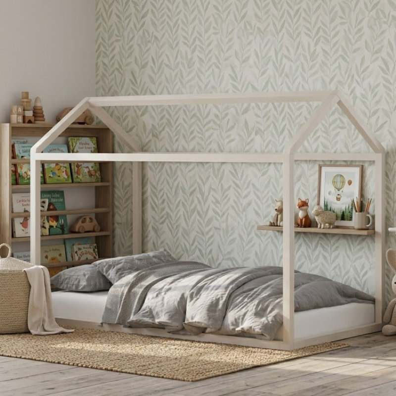 Solid Wood Kids Canopy Bed Frame, Antique Gray, Full