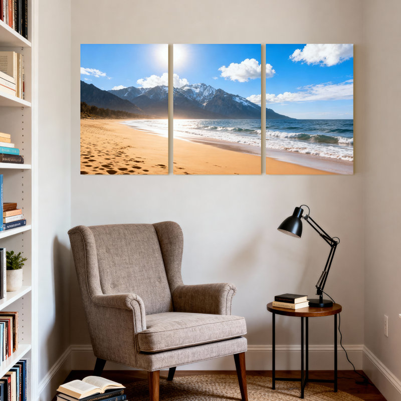 Paysage et paysages urbains, plage, vagues, montagnes, ciel, soleil, sable, empreintes de pas, nuages, ensemble de 3 impressions sur toile