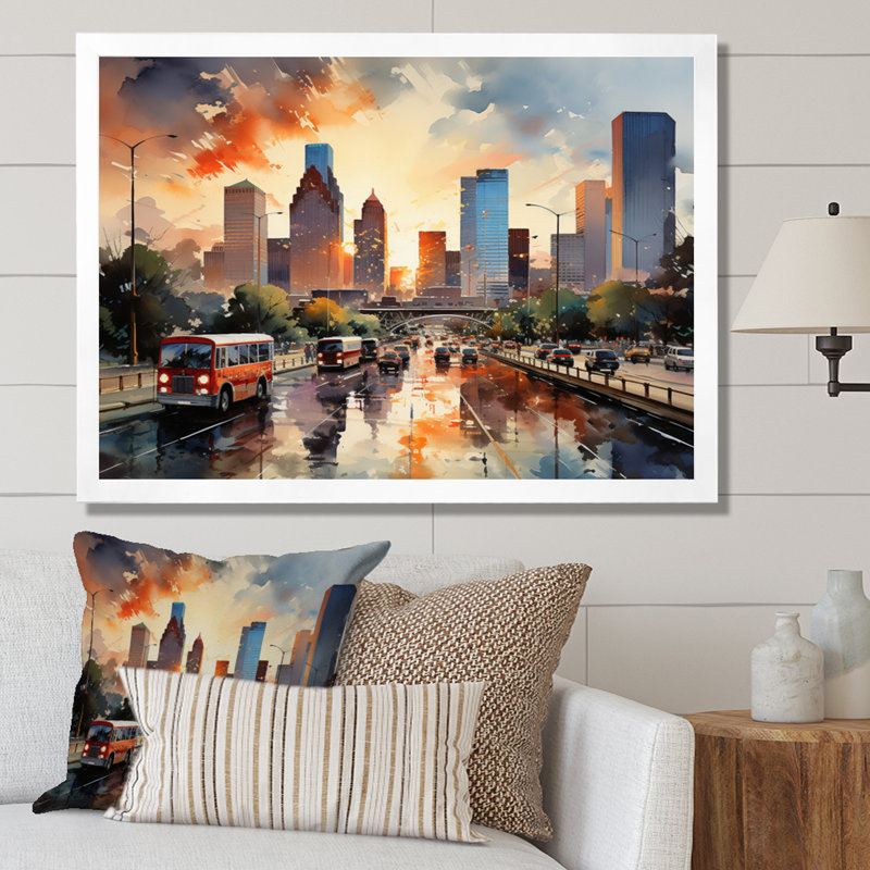 Houston City Horizons I sur impression sur toile, Cadre photo blanc, H 24 po x l 32 po x P 1 po