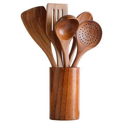 Cooking Utensils Set Of 6 Natural Teak Wooden Cooking Spatulas With Utensils Holder Comfort Grip Wooden Kitchen Utensils -  SC0GO, Q-1122