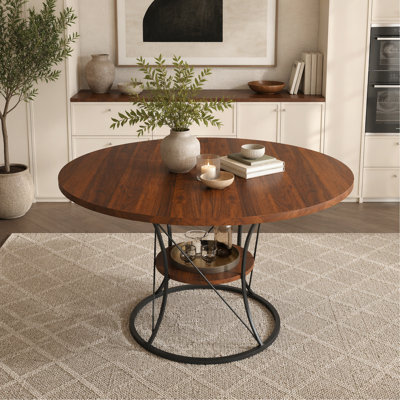 43 Inch Round Dining Table For 4-6, Expandable Farmhouse Kitchen Table With Storage Shelf & Metal Base, Brown & Black Extendable Wood Table From 43 To