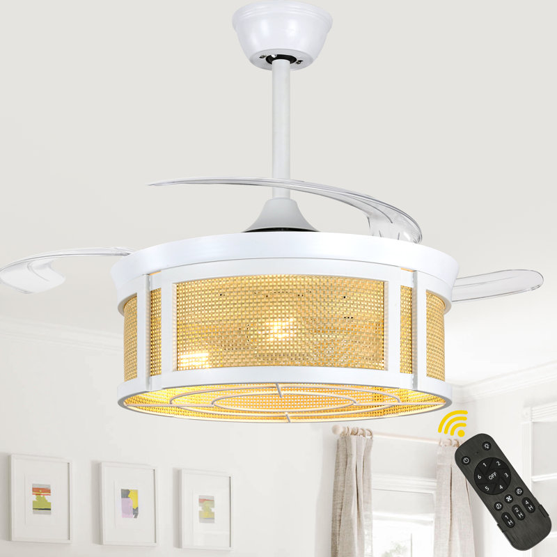 42" White Retractable Ceiling Fan with Lights, 6 Speeds Boho Rattan Ceiling Fan with Remote Fandelier Ceiling Fan for Bedroom