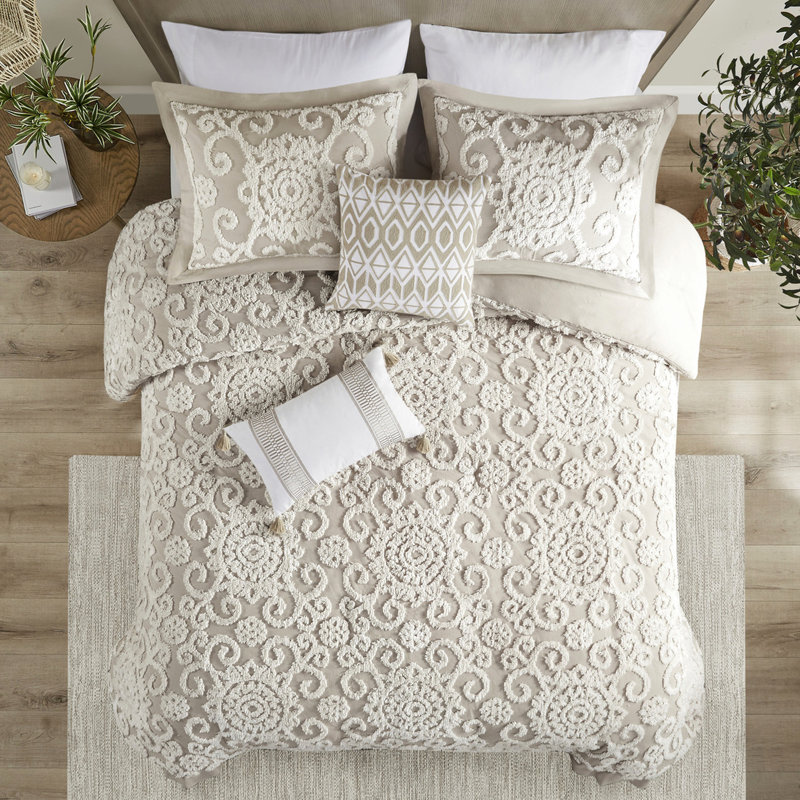 Housse de couette 100% coton taupe avec magnifique broderie délicate ornée de chenille, Taupe