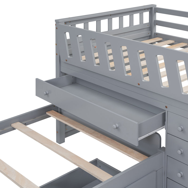 L-Shaped  Space-Saving Twin Loft And  Twin  Platform Bed With 7 Drawers And Full Guardrails(GRAY)
