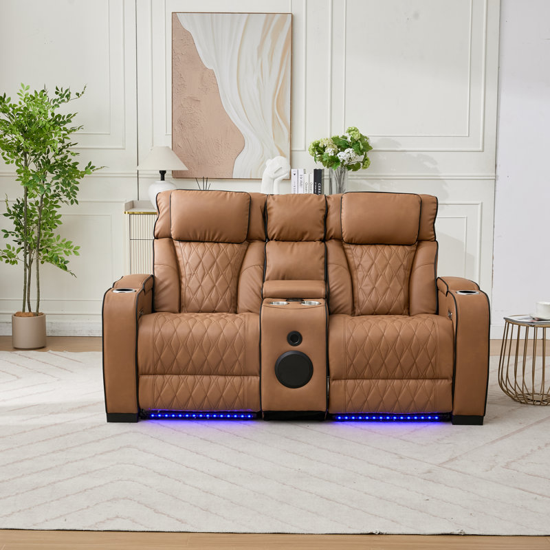 Canapé inclinable électrique 2 places avec éclairage DEL, porte-gobelets, console de rangement, surpiqûres en losange et accoudoirs rembourrés, revêtement en similicuir pour home cinéma.