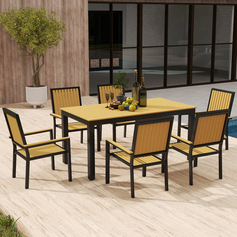 Rectangular 7 - Piece 6 - People 85Cm L Outdoor Table Set, Black/Natural
