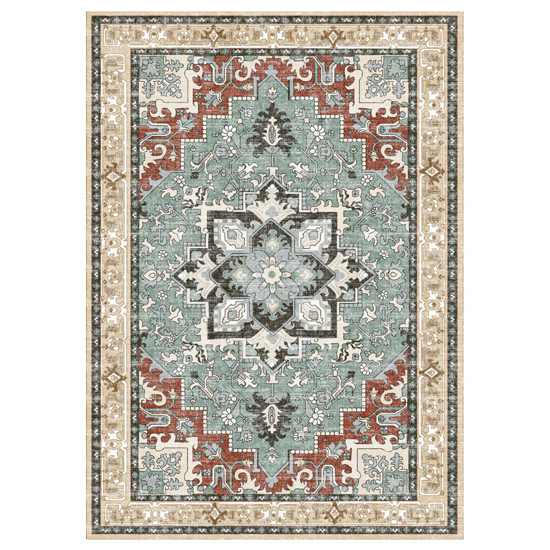 5'X7' Machine Washable Vintage Boho Area Rugs Non-Slip Low Pile Carpets Light Blue, Rectangle 5' x 7', Light Blue