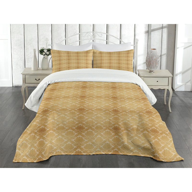 Ambesonne Damask Bedspread Set  Classical Flower Design  Mustard Amber, King Coverlet / Bedspread + 2 Standard Shams