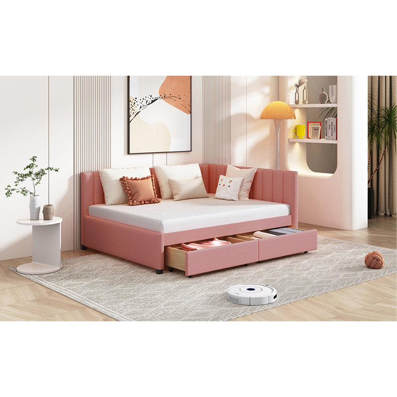 Lit de jour rembourré pleine grandeur avec 2 tiroirs de rangement, aucun sommier nécessaire, tissu en lin (rose), cadre de lit en lin rose, ressort, stable pour votre chambre à coucher