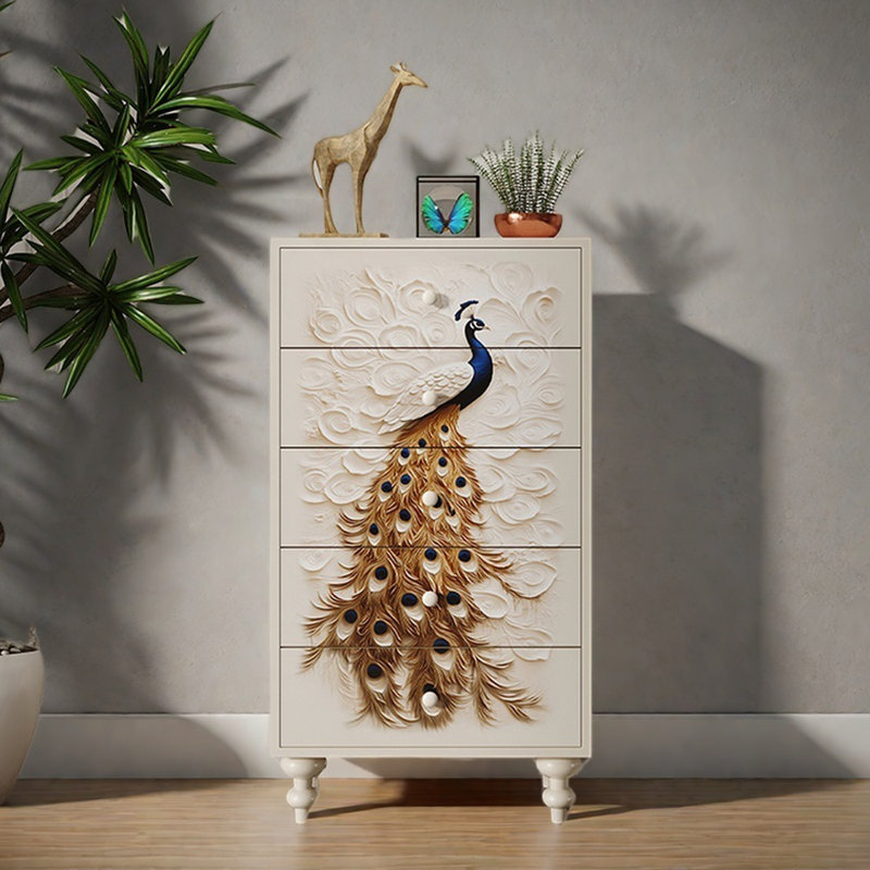 Hand-Painted Peacock Five-Drawer Accent Chest
