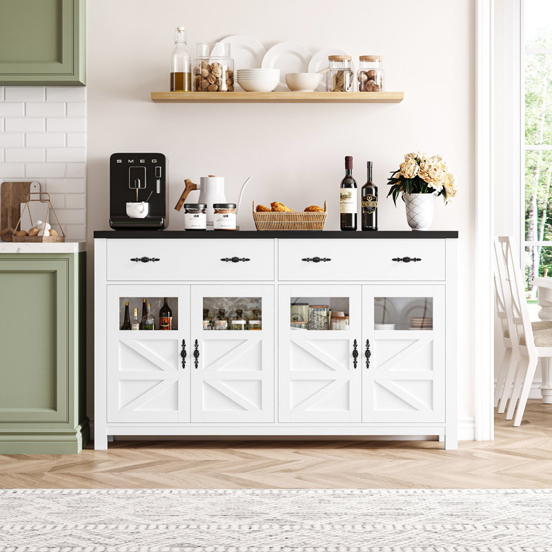 55.1" Nostrand 4 Door Accent Cabinet, White/Black