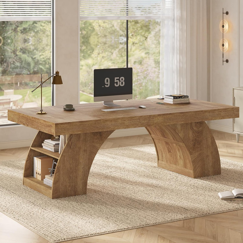 70.9” Executive Desk, Modern Computer Desks With Power Outlet And Storage Shelves, Wood Writing Table Workstation For Home Office, Oak