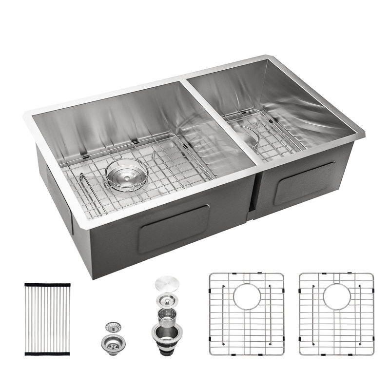 33'' Brushed Nickel Stainless Steel Double Bowl Undermount Kitchen Sink