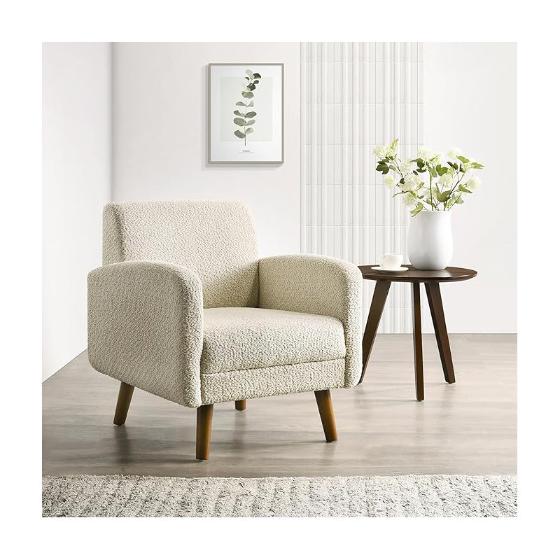 Ultra Comfortable Accent Chair, Mid-Century Modern Boucle Upholstered Armchair with Rubberwood Frame and Legs, Minimal Assembly Required, Cozy Chair for Living Room or Bedroom, Beige