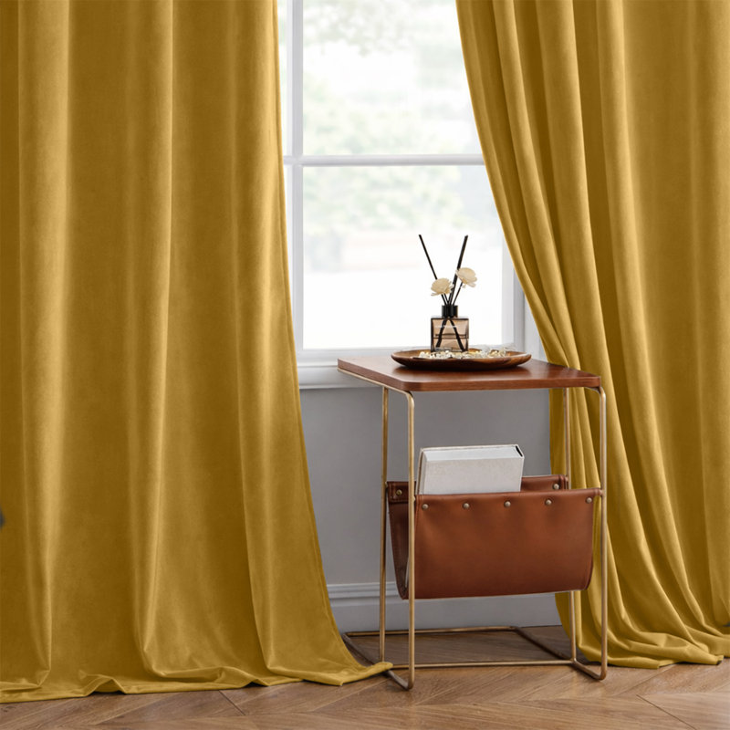 Heavy Crushed Ready Made Velvet Eyelet Curtains (Set Of 2), Yellow, 168cm Width x 228cm Height