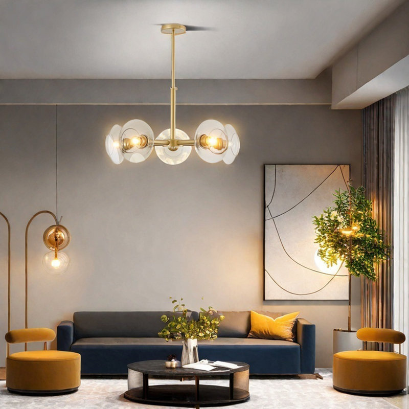 Lustre doré à 5 lumières avec design spoutnik, lustre moderne en métal linéaire, luminaire à hauteur réglable