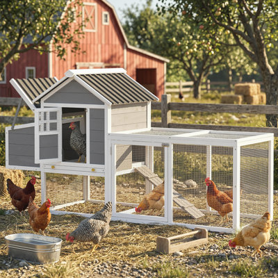 Poulailler en bois 82 po, grand poulailler pour 2 ou 3 poules, poulailler avec nichoir, plateau à tirer, toit imperméable, rampe et perchoirs pour la cour arrière, gris