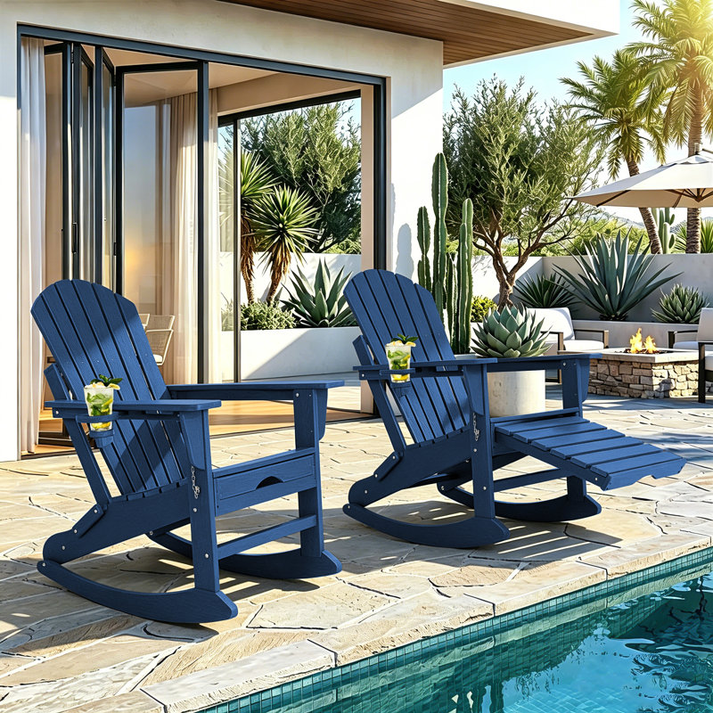 Chaise Adirondack pliante et berçante en plastique avec repose-pieds, Navy Blue