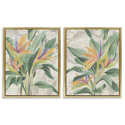 Flowers over Vintage Map 2pc Floating Frame Set, design by June Erica Vess
