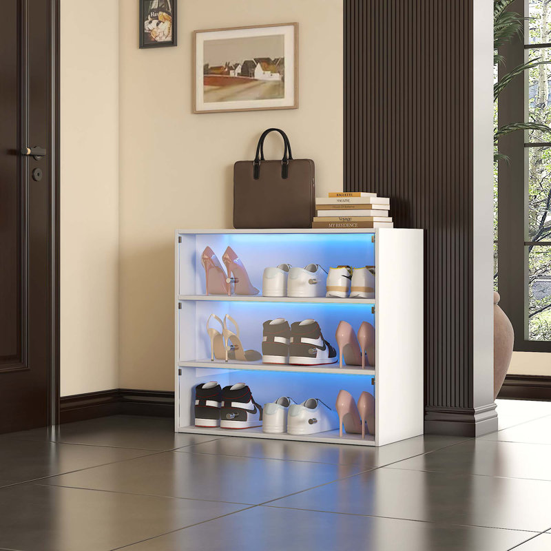 Glass Door Shoe Box Shoe Storage Cabinet  With RGB Led Light, White